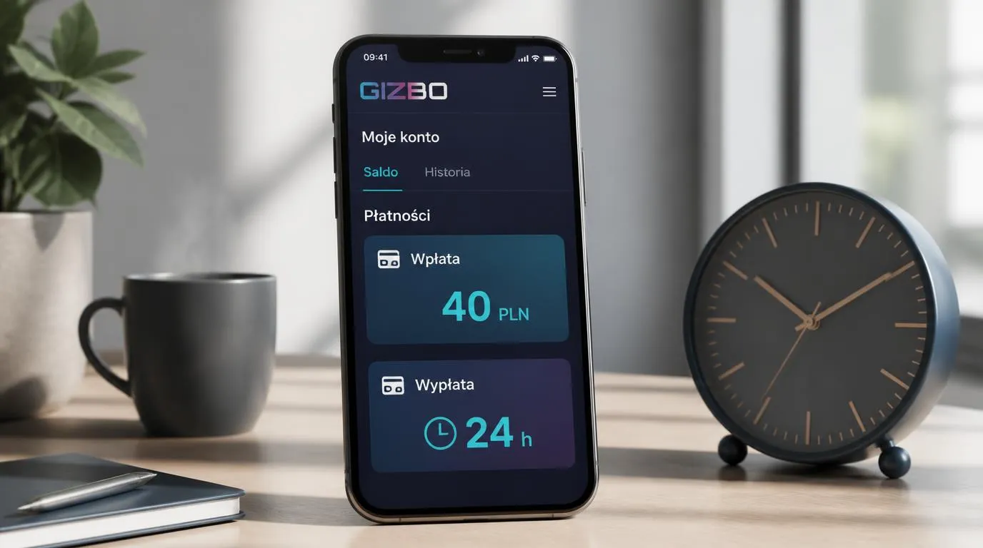 Smartfon z panelem kasyna, kwotą wpłaty 40 PLN i zegarem wskazującym deklarowany czas wypłaty 24 godziny