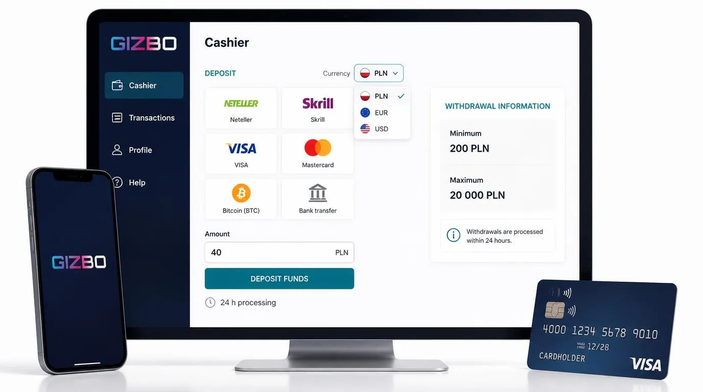 Panel kasy z wyborem PLN, EUR i USD oraz kartami, portfelami elektronicznymi, Bitcoinem i przelewem