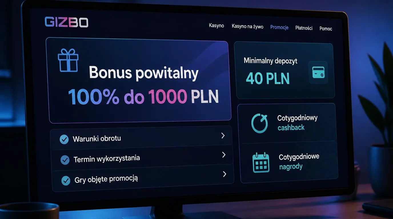 Panel bonusu powitalnego 100% do 1000 PLN z minimalnym depozytem 40 PLN i listą warunków aktywacji