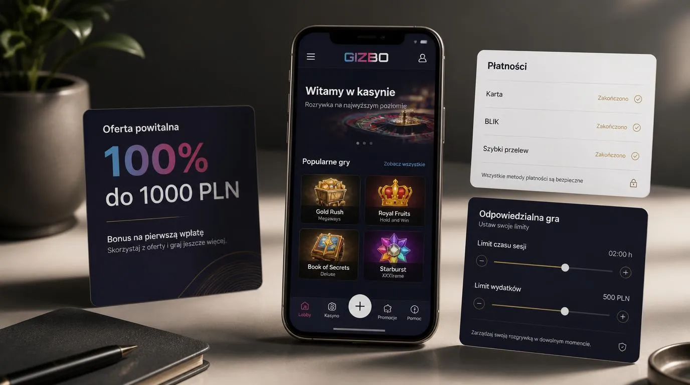 Smartfon z interfejsem kasyna obok karty oferty powitalnej i ustawień limitów gry
